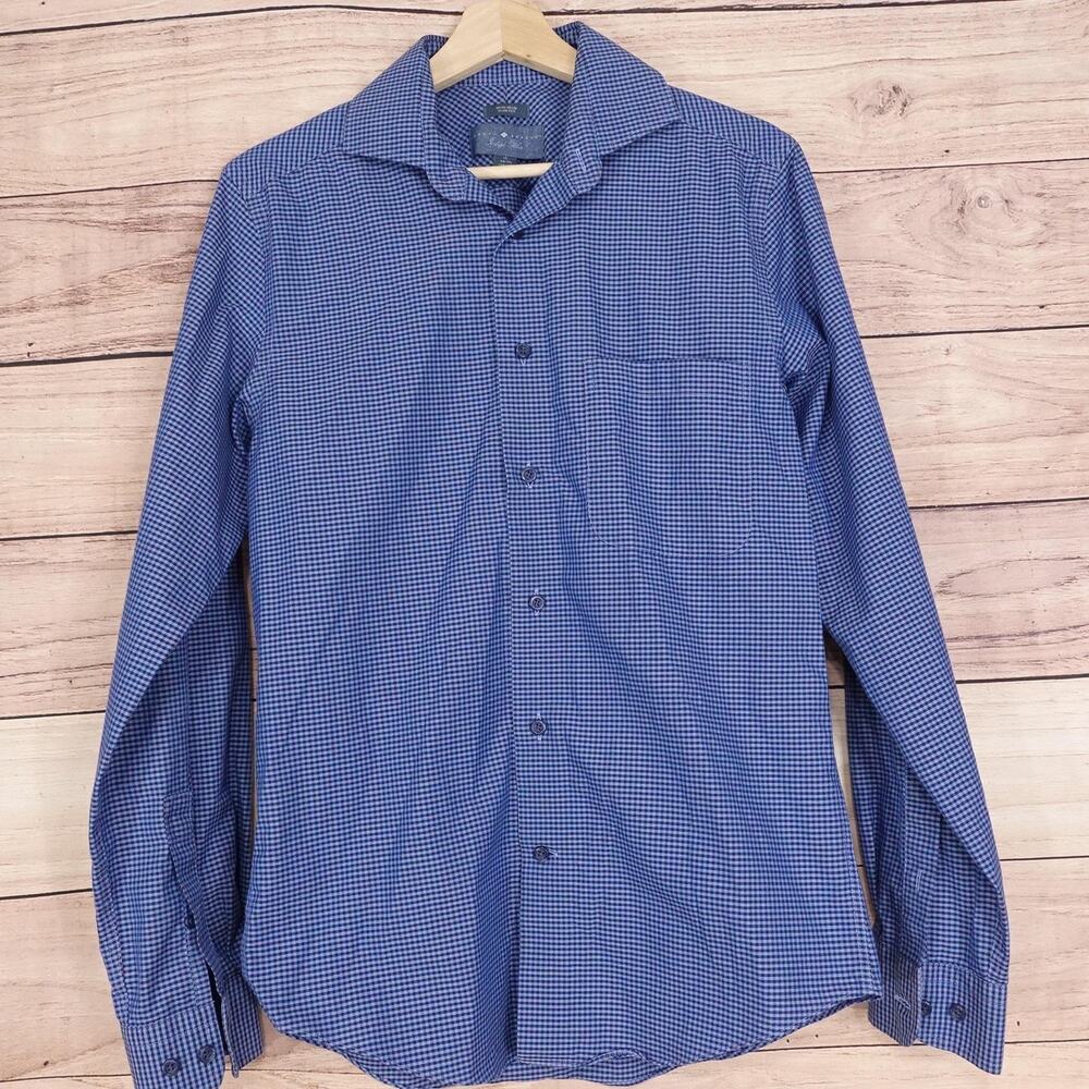 Joseph‎ Abboud Indigo Blue Shirt Mens 15 34/35 Non-Iron Slim Fit Gingham Check